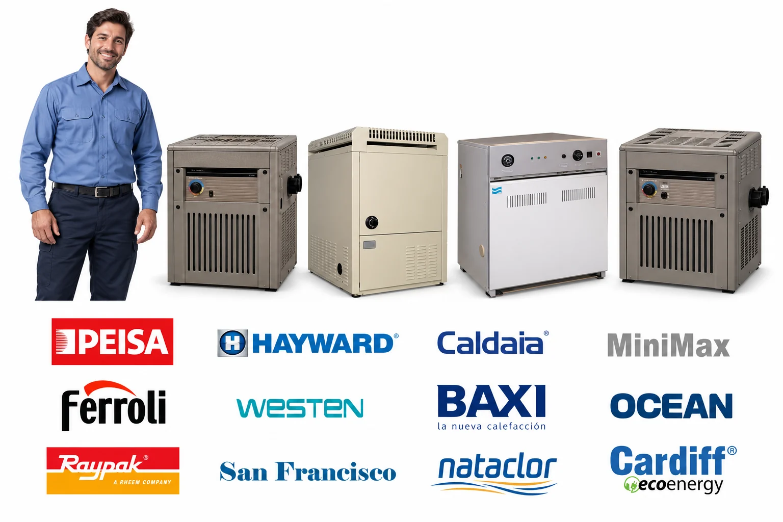 Técnico junto a cuatro climatizadores de piscina a gas y los logos de Peisa, Hayward, Caldaia, Minimax, Ferroli, Westen, Baxi, Ocean, Raypak, San Francisco, Nataclor y Cardiff